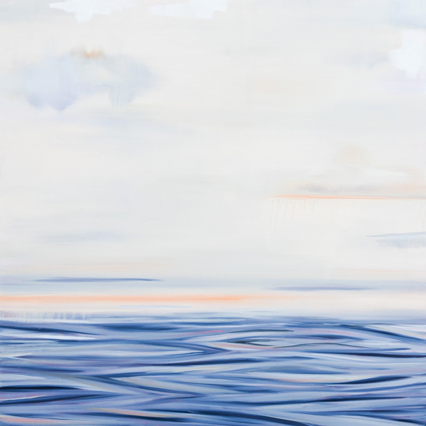 oil painting view of a foggy ocean, with blues, grays, whites and some hints of peachy orange pink peaking through the background