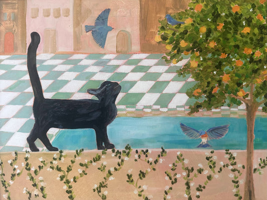 Black Cat and Bluebirds