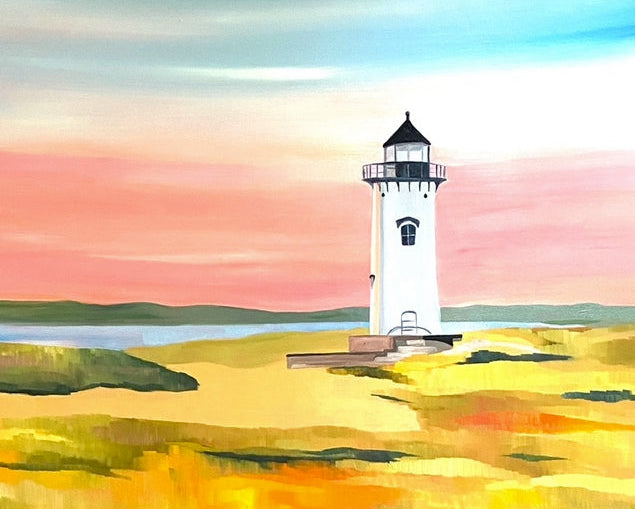 Giclee fine art print of Edgartown harbor light on a colorful landscape with a sunrise sky.